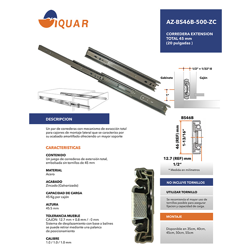 Corredera Extension 45mm ZP 1.0/1.0/1.2mm 20"(500MM) - Imagen 7